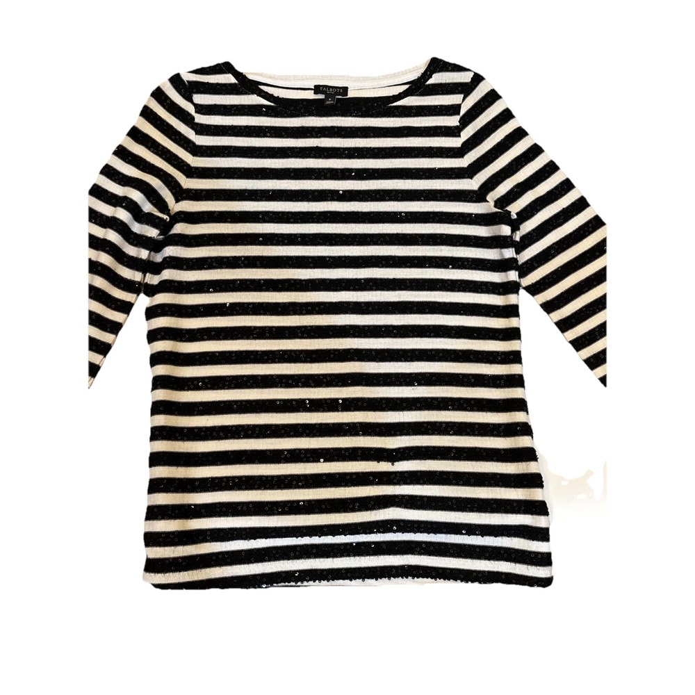 Talbots Petites Sequin Stripe Sweater Black White Boatneck Long Sleeve P Small